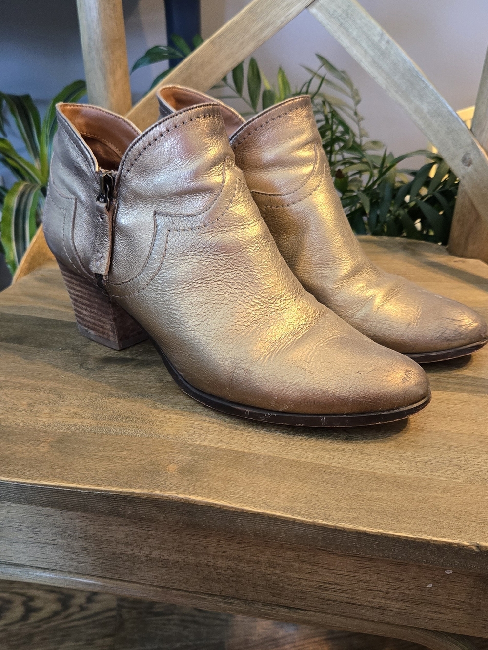 Zodiac Metallic Gold Ankle Booties with Stacked Heel